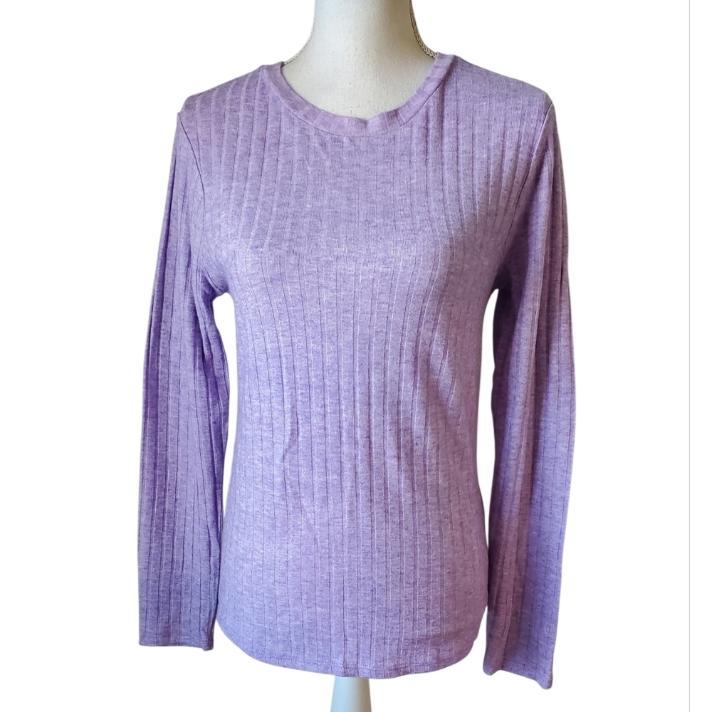 Zenana Lavender Ribbed Long Sleeve Crew Neck Knit Soft Stretch Basic Top Size L